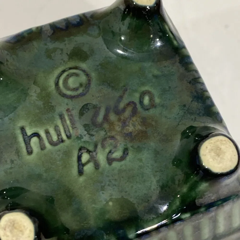 Hull USA Art Pottery Small Square Planter #A2 Green Drip Glaze Mid Century